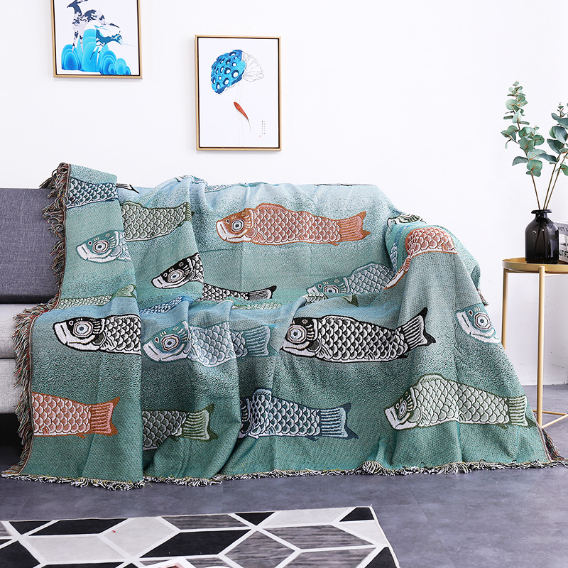 Boho Throw Blanket Fringe - Koi Fish Jacquard Woven Throw Blanket