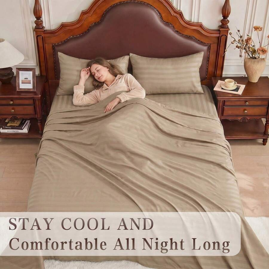 Fitted Bed Sheets Deep Pocket - Striped Cooling Sheets Set King Size