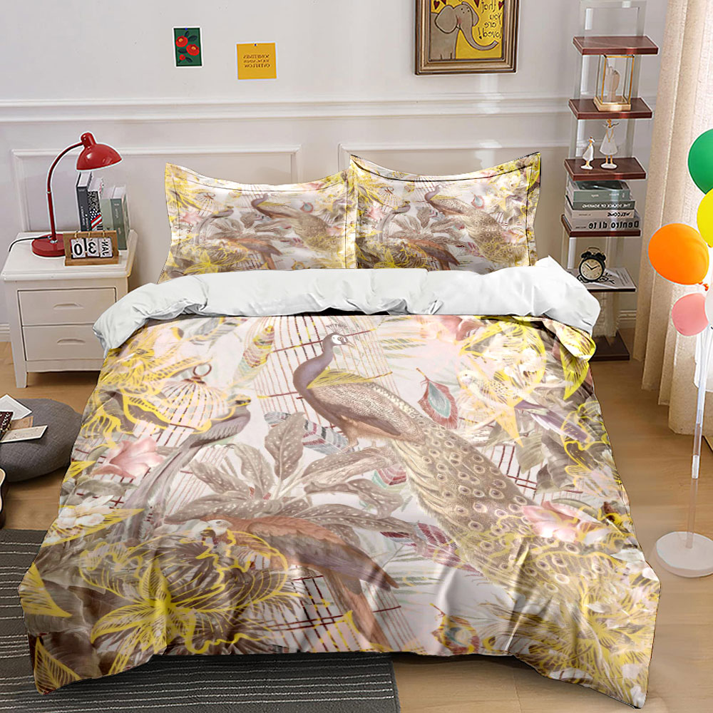 Aesthetic Floral Duvet Cover - Vintage Peacock Birdcage Bedding Set,Retro Floral