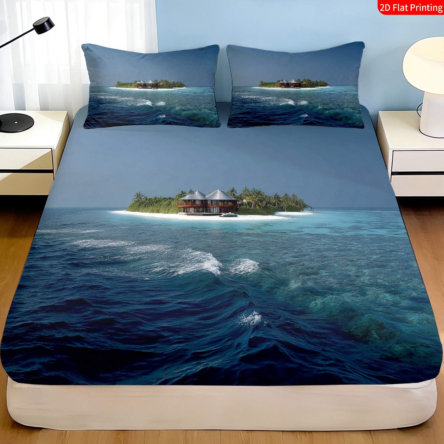 Fitted Bed Sheets Deep Pocket - Tropical Island Bedding Set Palm Tree