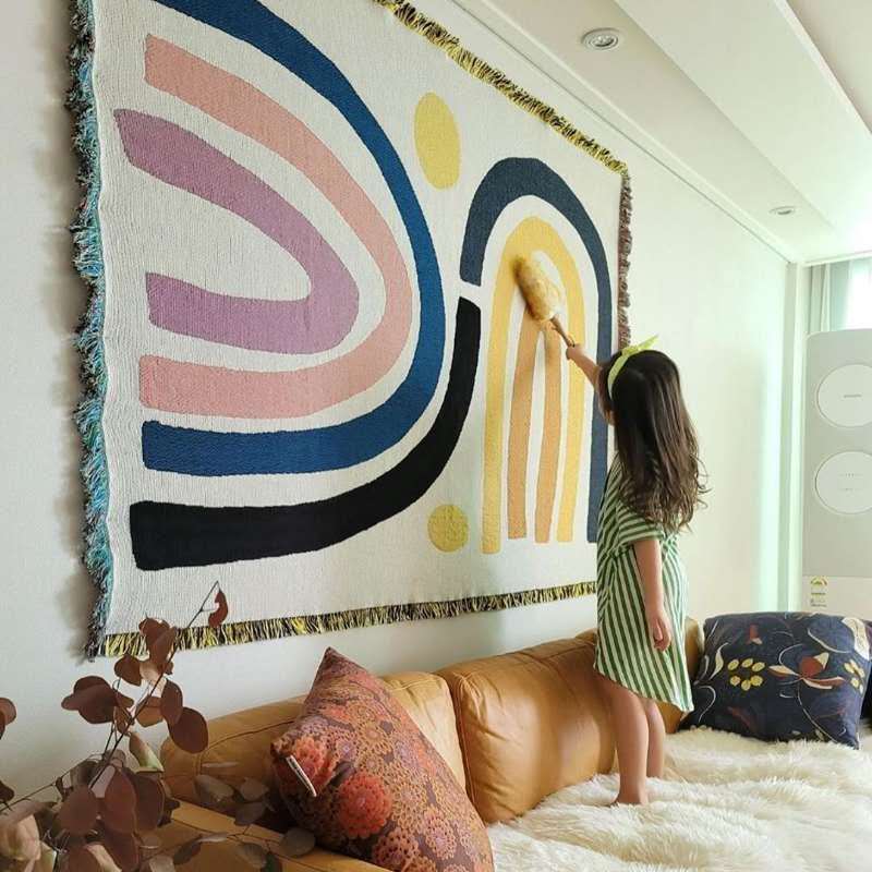 Boho Throw Blanket Fringe - Textile City Abstract Rainbow Throw Blanket