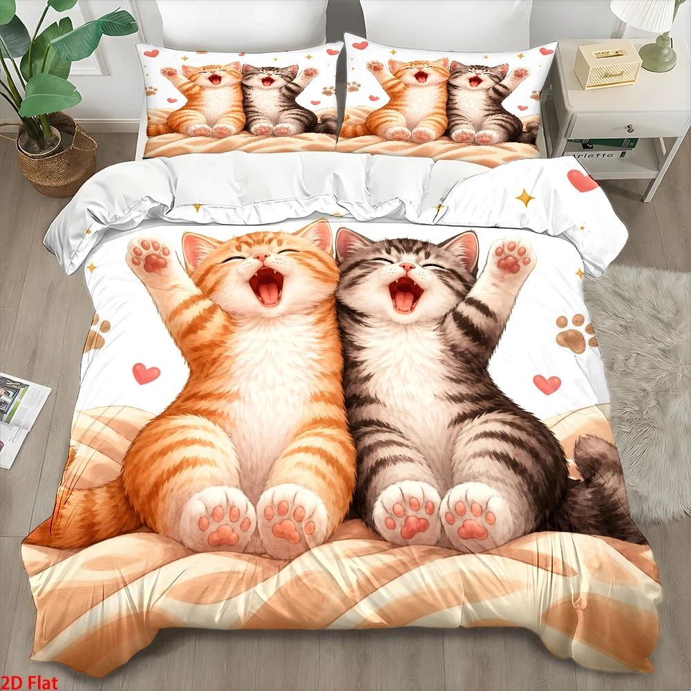 Duvet Cover Sets With Zipper - 3Pc Cute Cat Print Duvet Cover