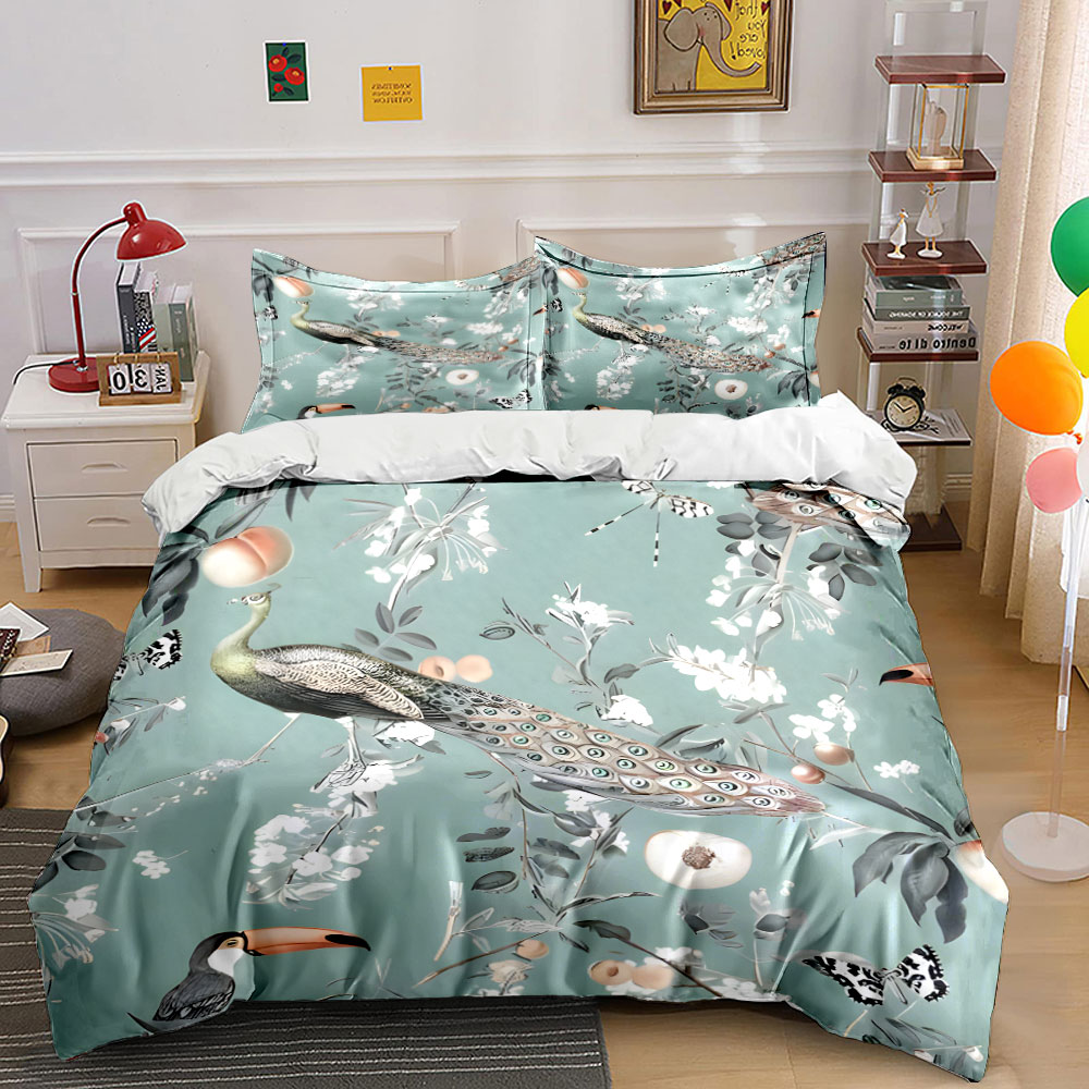 Aesthetic Floral Duvet Cover - 3PC Peacock Toucan Floral Bedding Set,Tropical