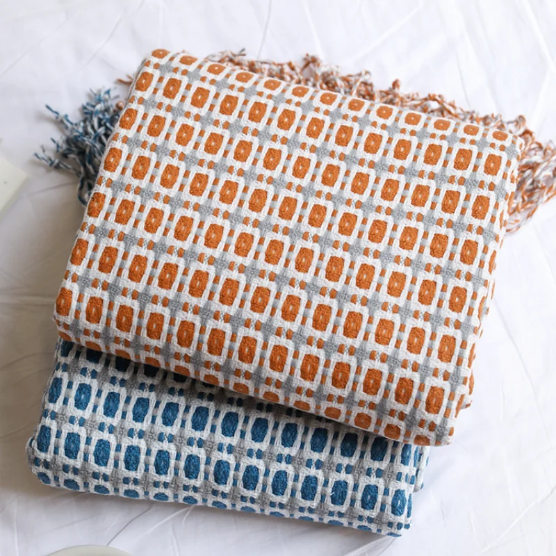 Boho Throw Blanket Fringe - Geometric Grid Jacquard Woven Throw Blanket