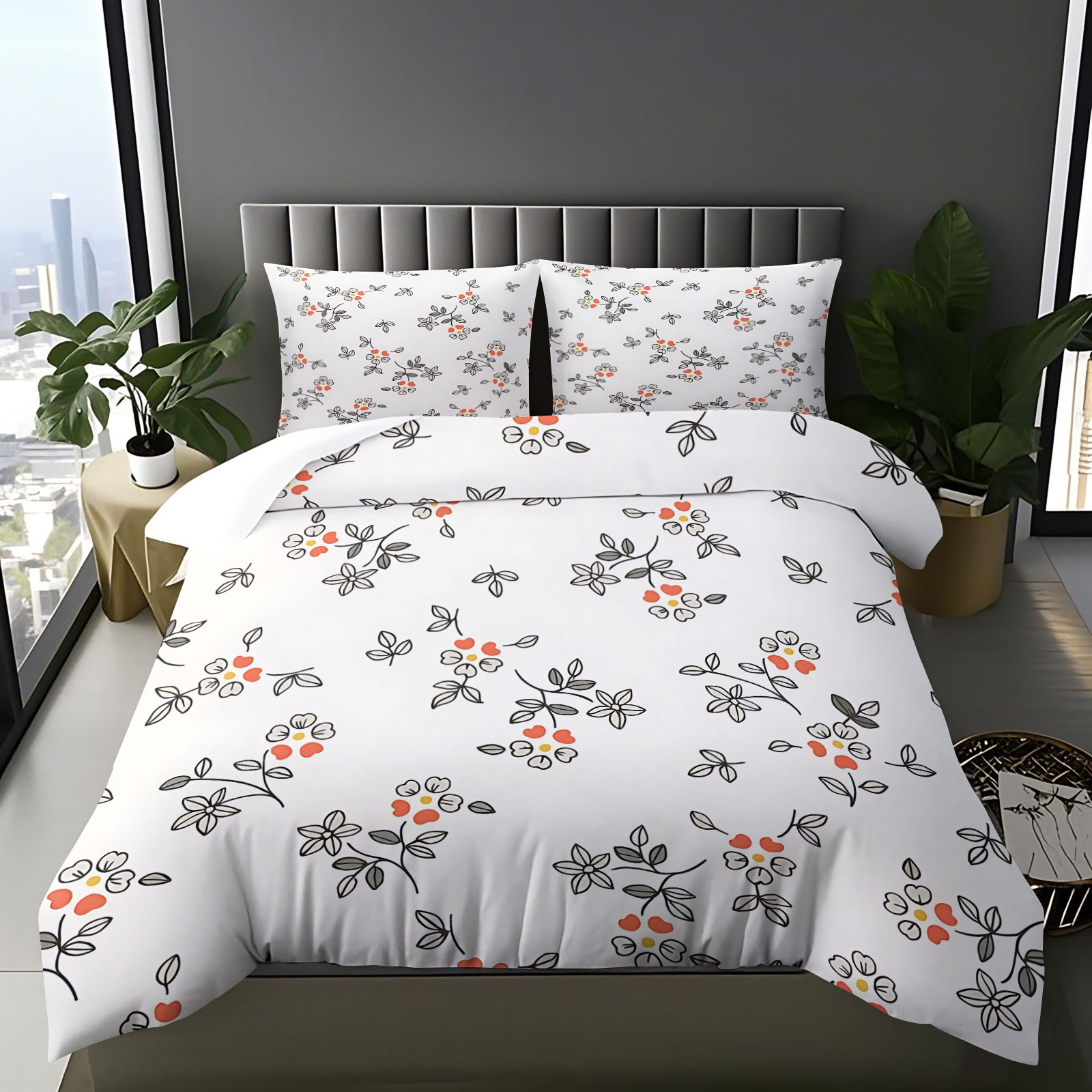 Aesthetic Floral Duvet Cover - Minimal Hand-Drawn Thin Line Orange Red
