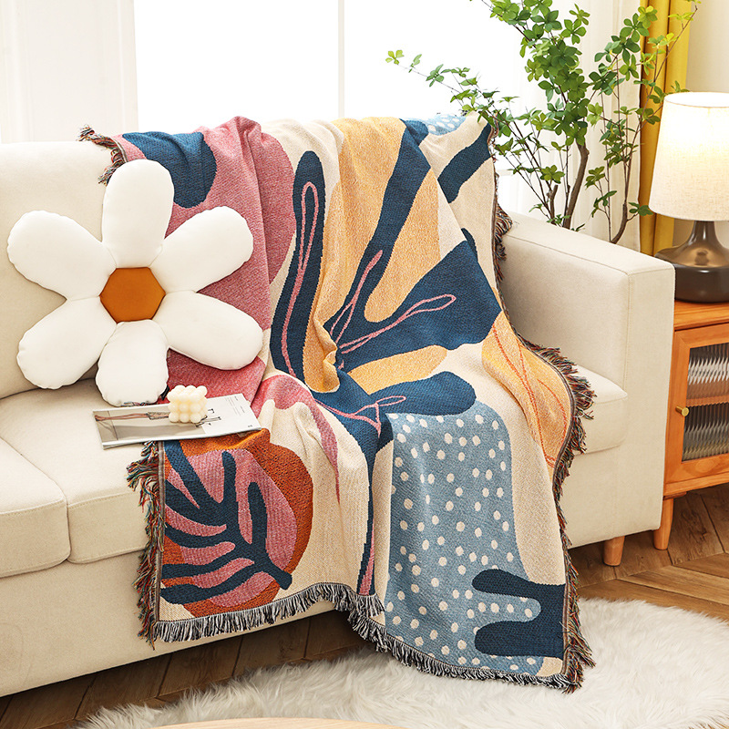 Boho Throw Blanket Fringe - Boho Abstract Botanical Jacquard Throw Blanket