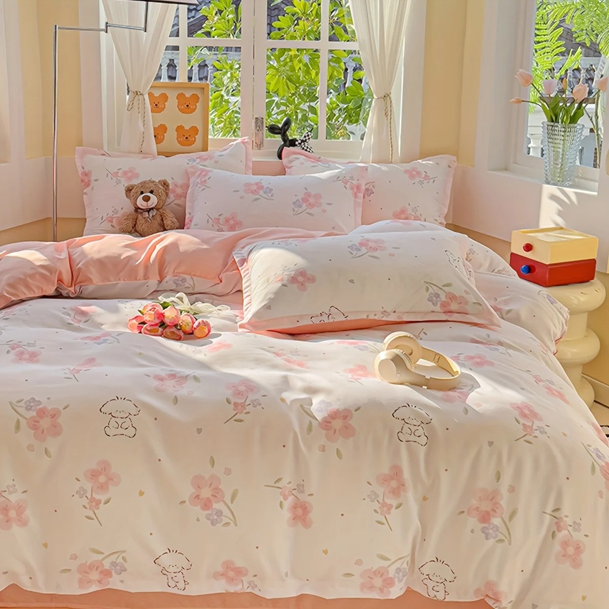 4Pcs Soft Plain Floral Plant P - Duvet Cover Sets With Zipper ulasan dan harga