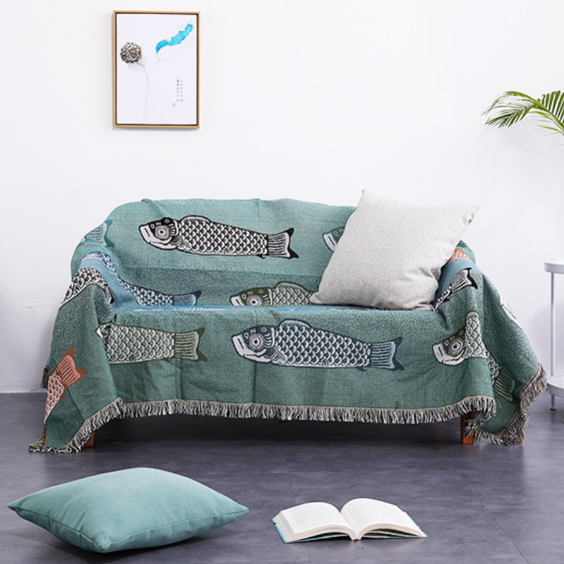Koi Fish Jacquard Woven Throw  - Boho Throw Blanket Fringe ulasan dan harga