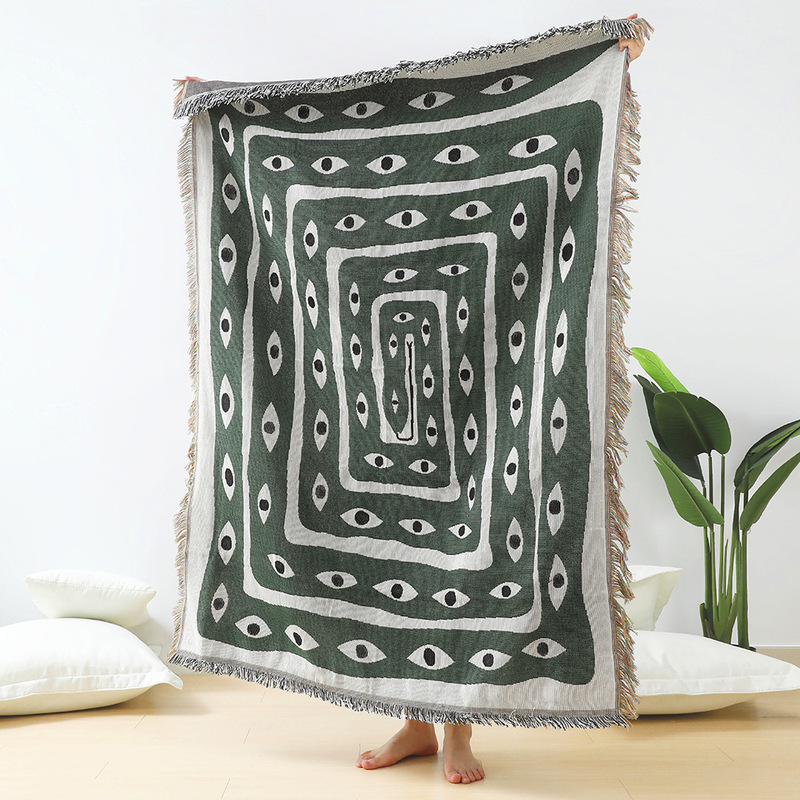 Green White Evil Eye Jacquard  - Boho Throw Blanket Fringe ulasan dan harga