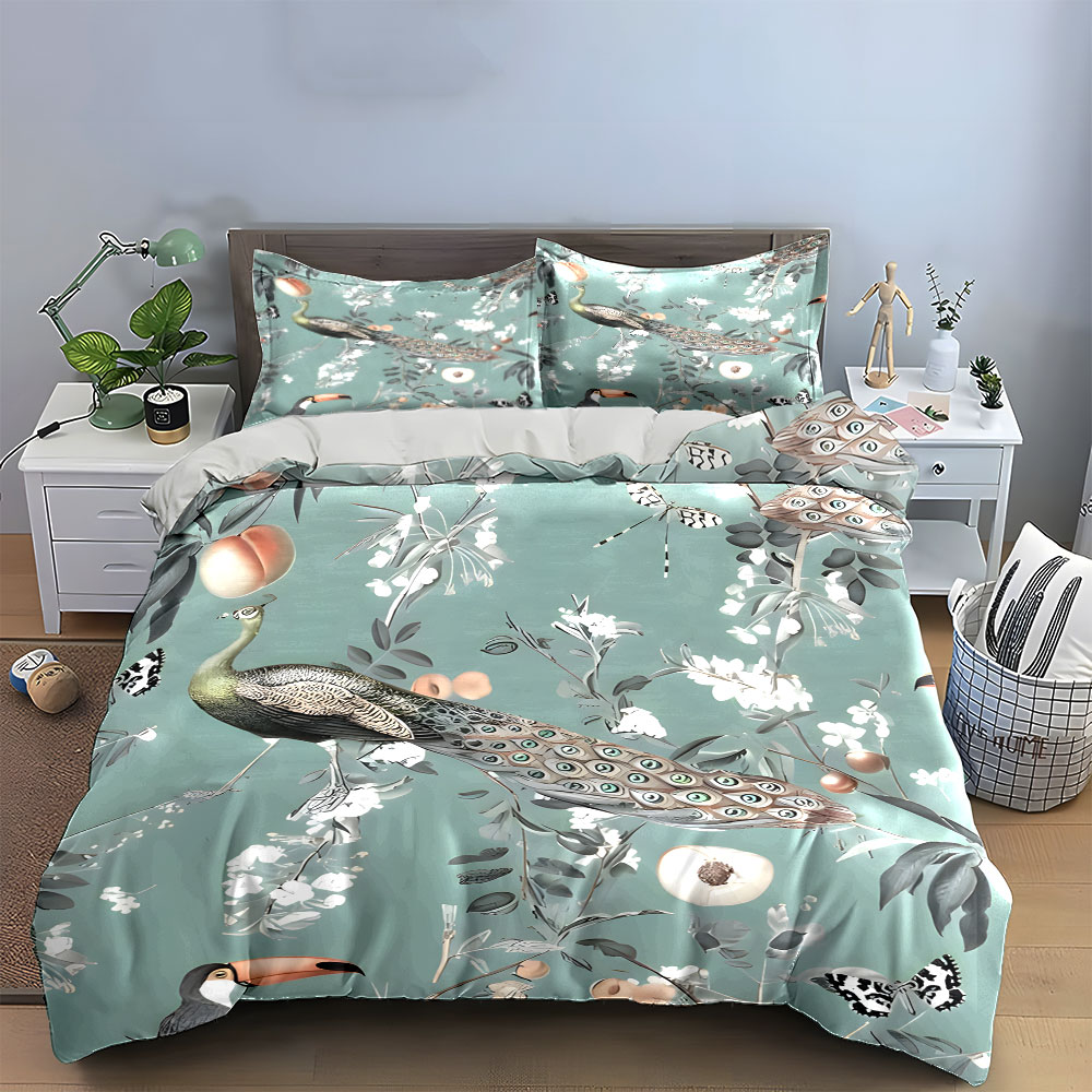 3PC Peacock Toucan Floral Bedd - Aesthetic Floral Duvet Cover ulasan dan harga