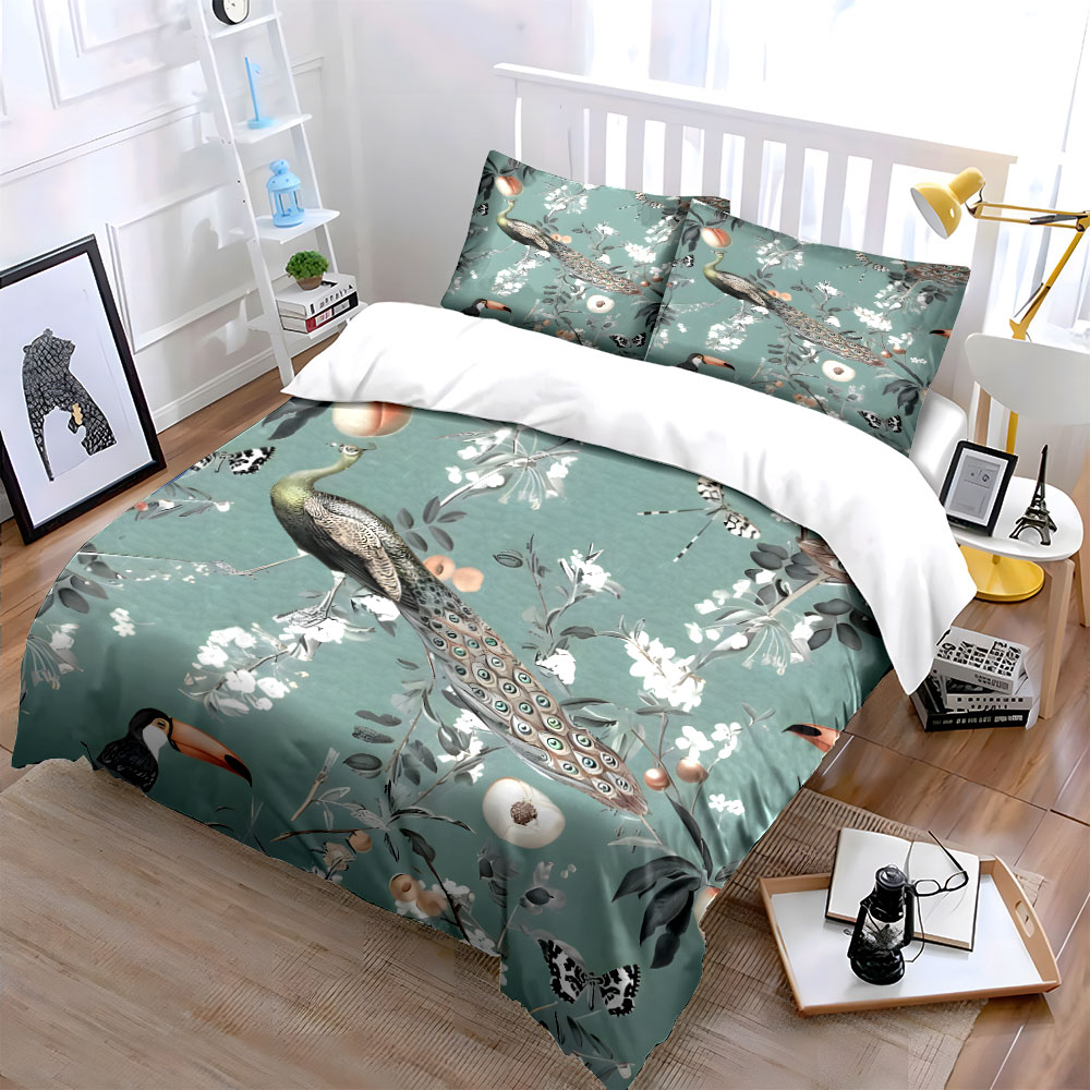 3PC Peacock Toucan Floral Bedd - Aesthetic Floral Duvet Cover ulasan dan harga