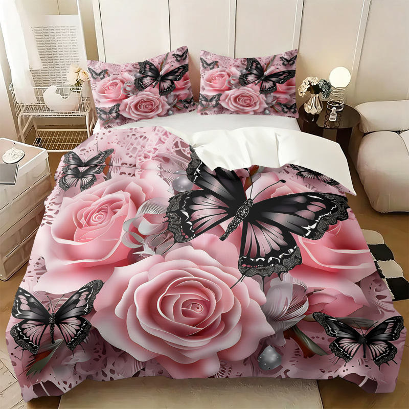 Pink Rose Black Butterfly Prin - Aesthetic Floral Duvet Cover ulasan dan harga