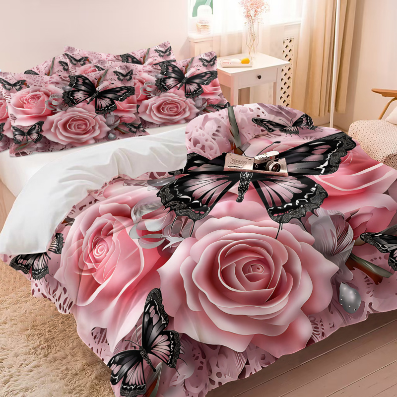 Pink Rose Black Butterfly Prin - Aesthetic Floral Duvet Cover ulasan dan harga