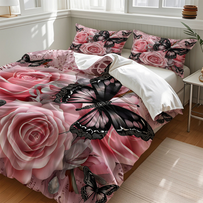 Pink Rose Black Butterfly Prin - Aesthetic Floral Duvet Cover ulasan dan harga
