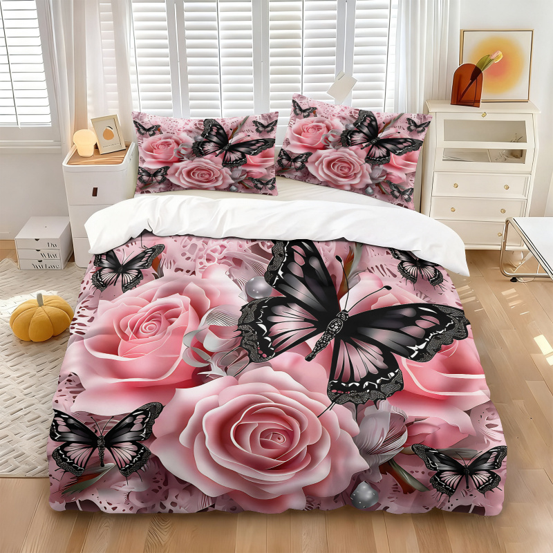 Pink Rose Black Butterfly Prin - Aesthetic Floral Duvet Cover ulasan dan harga