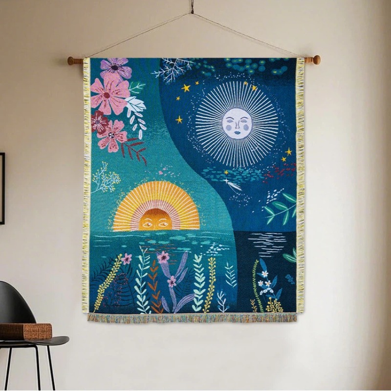 Celestial Sun Moon Woven Tapes - Boho Throw Blanket Fringe ulasan dan harga