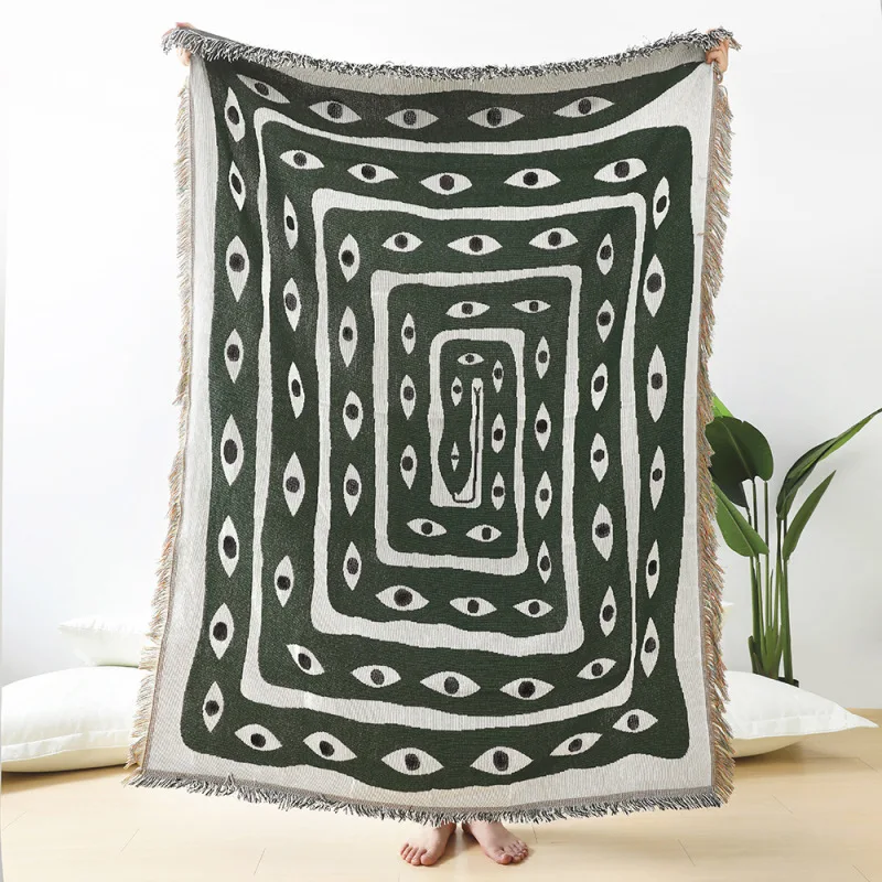 Green White Evil Eye Jacquard  - Boho Throw Blanket Fringe ulasan dan harga